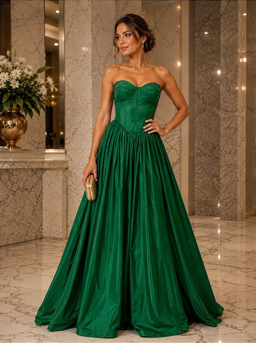 VESTIDO LONGO TAFETA TOMARA QUE CAIA DETALHE BUSTO VERDE BANDEIRA
