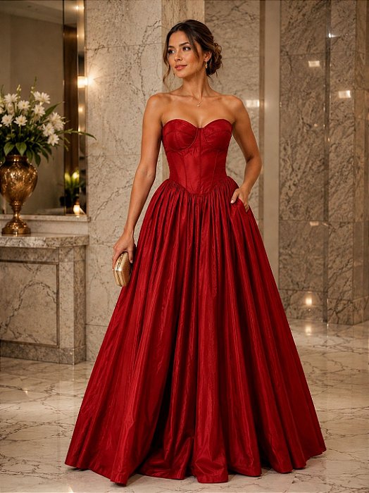 VESTIDO LONGO TAFETA TOMARA QUE CAIA DETALHE BUSTO VERMELHO