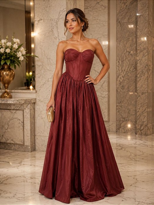 VESTIDO LONGO TAFETA TOMARA QUE CAIA DETALHE BUSTO MARSALA