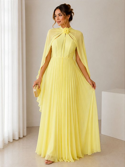 VESTIDO LONGO CHIFFON SAIA PLISSADA GOLA ALTA CAPA AMARELO