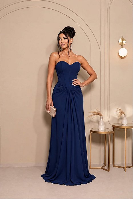 VESTIDO LONGO CHIFFON TOMARA QUE CAIA DETALHE NA CINTURA AZUL MARINHO