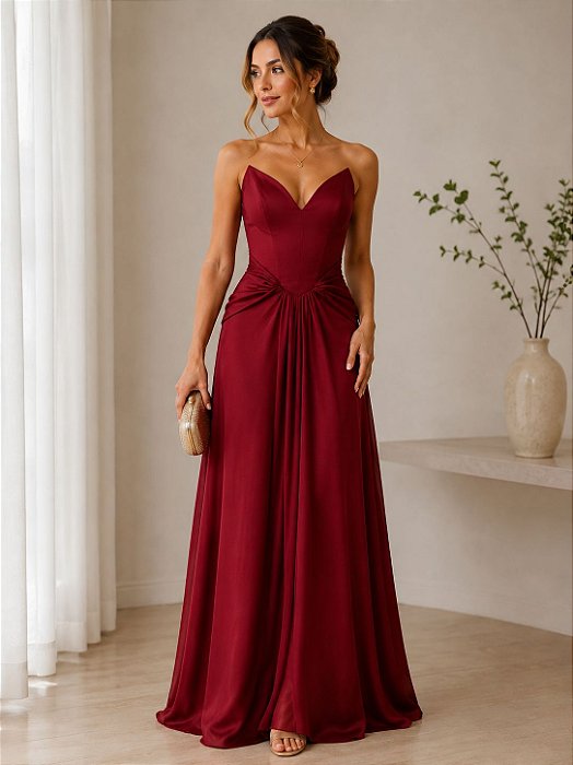 VESTIDO LONGO CHIFFON TOMARA QUE CAIA DETALHE NA CINTURA MARSALA