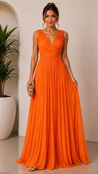 VESTIDO LONGO CHIFFON ALÇA LARGA  DECOTE V BUSTO E COMPRIMENTO PLISSADO LARANJA
