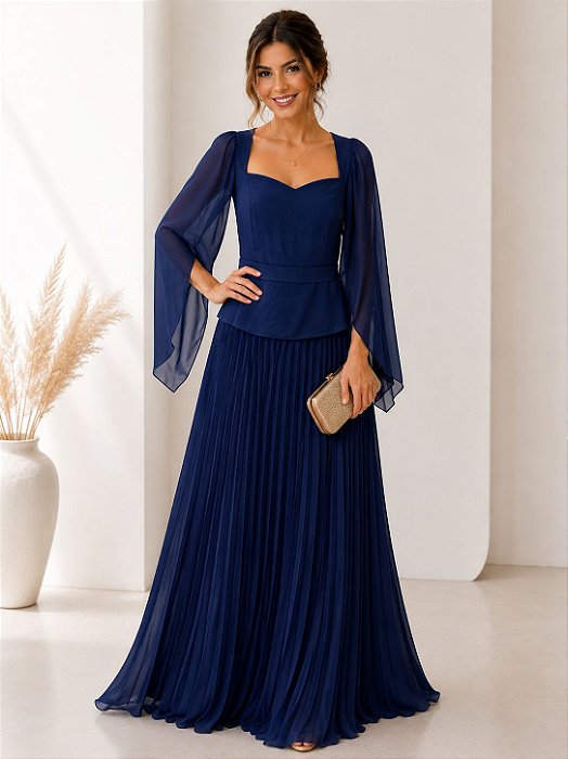 VESTIDO LONGO CHIFFON CORPETE VEU SAIA PLISSADA AZUL MARINHO