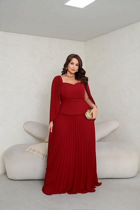 VESTIDO LONGO CHIFFON CORPETE VEU SAIA PLISSADA MARSALA