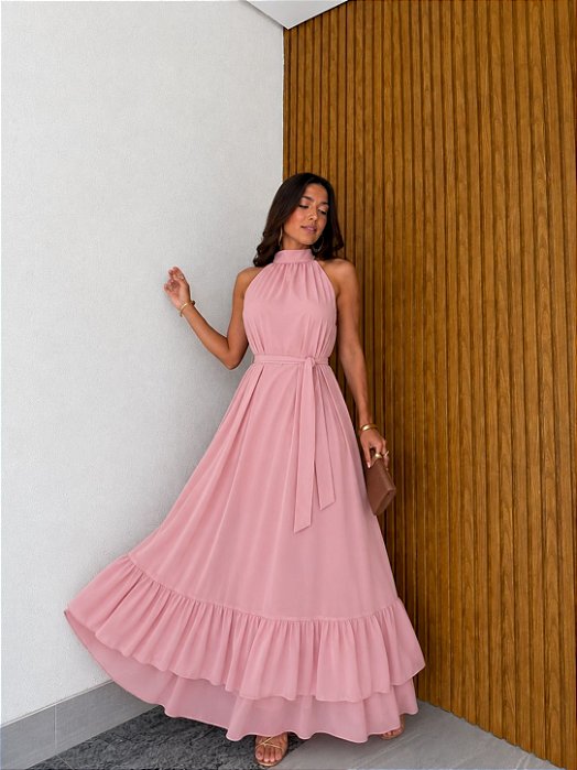 VESTIDO LONGO CHIFON GOLA ALTA  COM BABADO NA BARRA  ROSÊ