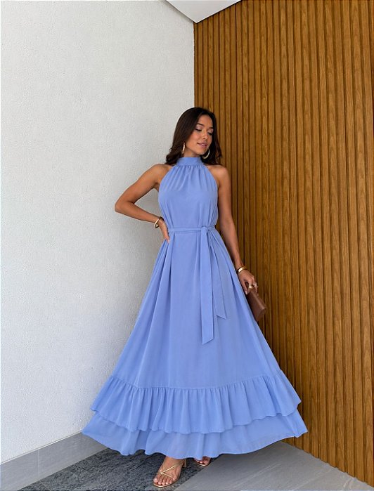VESTIDO LONGO CHIFON GOLA ALTA  COM BABADO NA BARRA AZUL SERENITY