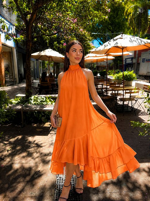 VESTIDO MIDI COM CINTO SAIA EM CAMADAS LARANJA