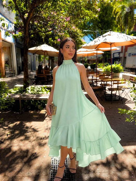 VESTIDO MIDI COM CINTO SAIA EM CAMADAS VERDE MENTA
