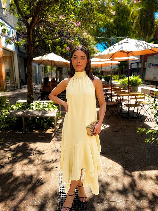 VESTIDO MIDI COM CINTO SAIA EM CAMADAS AMARELO MANTEIGA