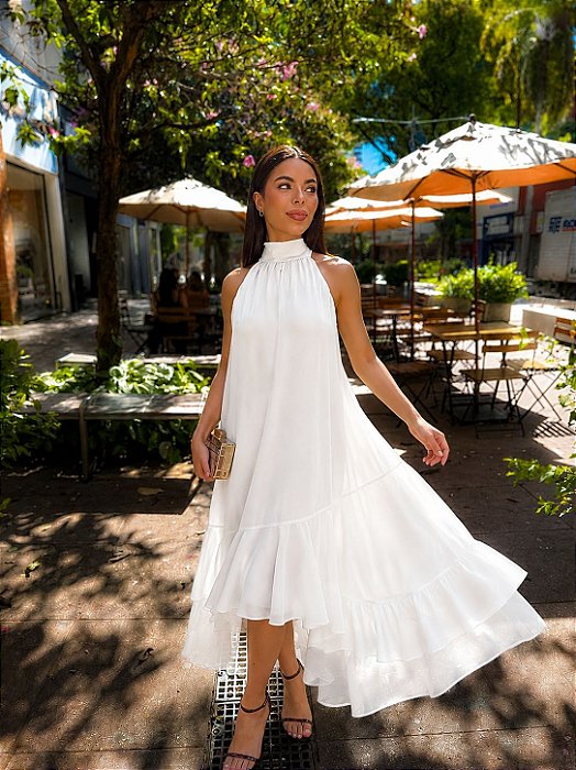 VESTIDO MIDI COM CINTO SAIA EM CAMADAS BRANCO