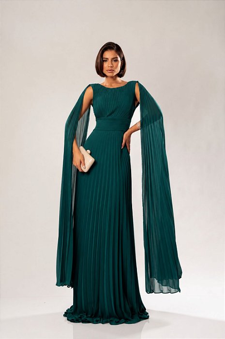 VESTIDO LONGO CHIFFON PLISSADO ACINTURADO COM MANGA CAPA VERDE PETROLEO