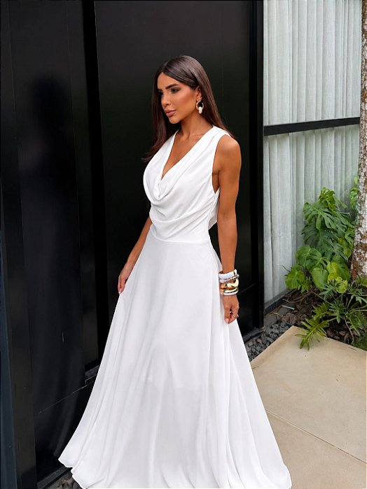 VESTIDO LONGO CHIFFON GOLA BOBA FRENTE E COSTAS BRANCO