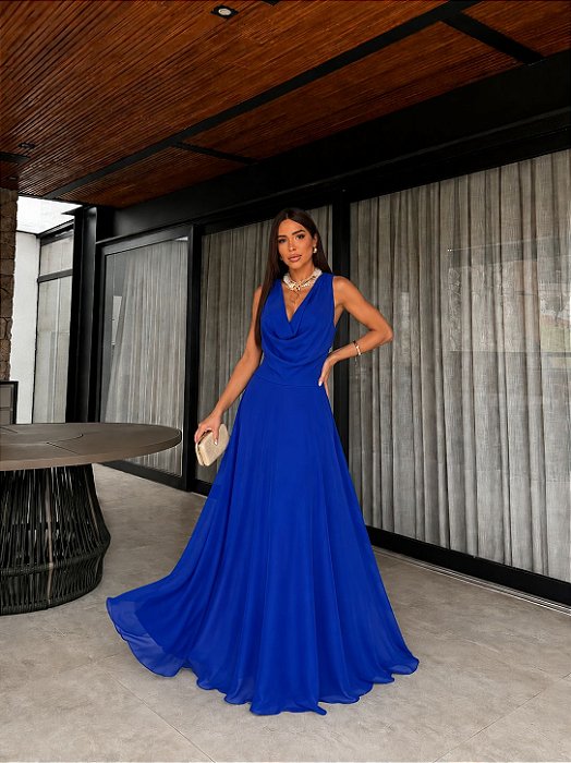 VESTIDO LONGO CHIFFON GOLA BOBA FRENTE E COSTAS AZUL ROYAL