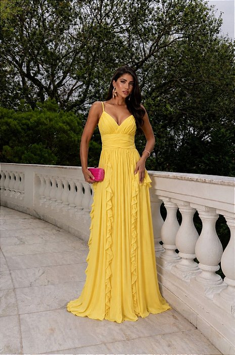 VESTIDO LONGO CHIFFON ALÇA FINA DECOTE V PALA DRAPEADA NO BUSTO COMPRIMENTO PLISSADO C/ BABADOS AMARELO