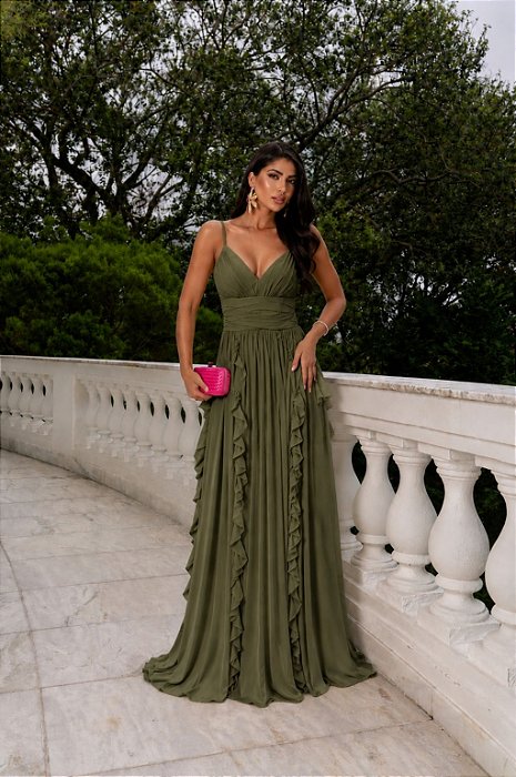 VESTIDO LONGO CHIFFON ALÇA FINA DECOTE V PALA DRAPEADA NO BUSTO COMPRIMENTO PLISSADO C/ BABADOS VERDE OLIVA