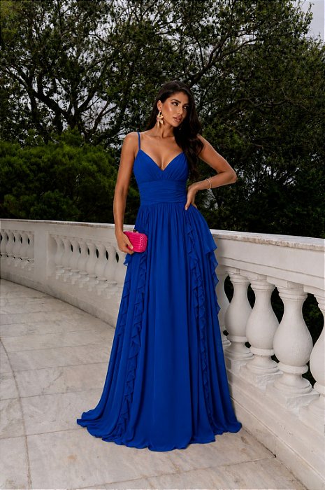VESTIDO LONGO CHIFFON ALÇA FINA DECOTE V PALA DRAPEADA NO BUSTO COMPRIMENTO PLISSADO C/ BABADOS AZUL ROYAL