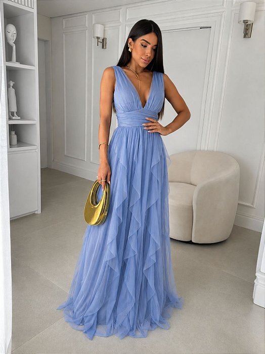 VESTIDO LONGO MICROTULE ALÇA LARGA  SAIA EM CAMADAS AZUL SERENITY