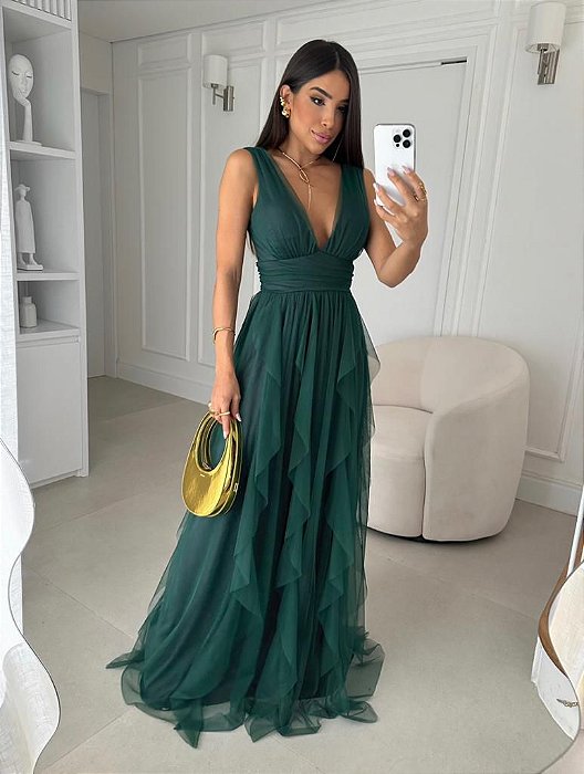 VESTIDO LONGO MICROTULE ALÇA LARGA  SAIA EM CAMADAS VERDE OLIVA