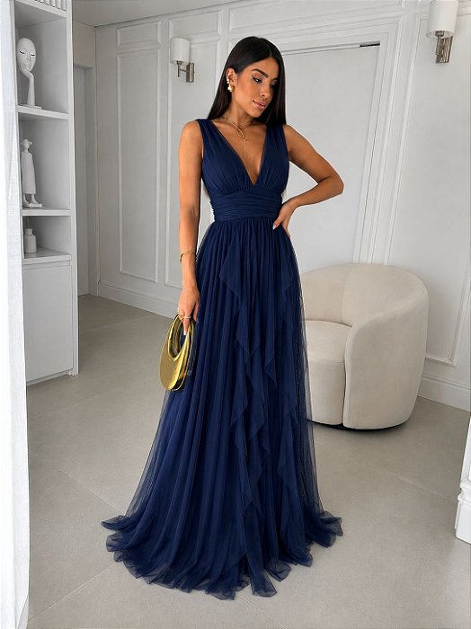 VESTIDO LONGO MICROTULE ALÇA LARGA  SAIA EM CAMADAS AZUL MARINHO