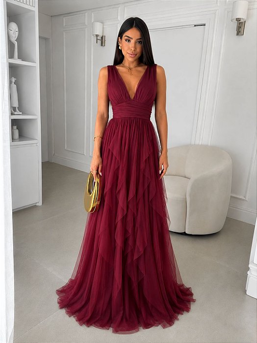 VESTIDO LONGO MICROTULE ALÇA LARGA  SAIA EM CAMADAS MARSALA