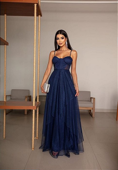 VESTIDO LONGO MICROTULE C/GLITTER ESTILO CORPET DETALHE TRANCINHA CINTURA AZUL MARINHO
