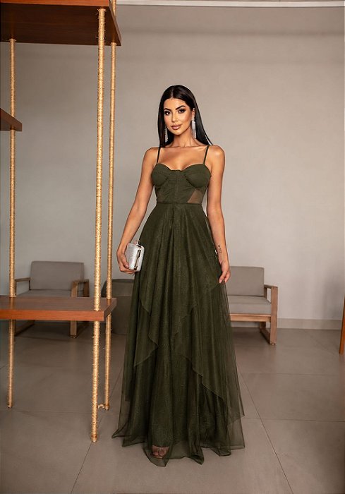 VESTIDO LONGO MICROTULE C/GLITTER ESTILO CORPET DETALHE TRANCINHA CINTURA VERDE OLIVA