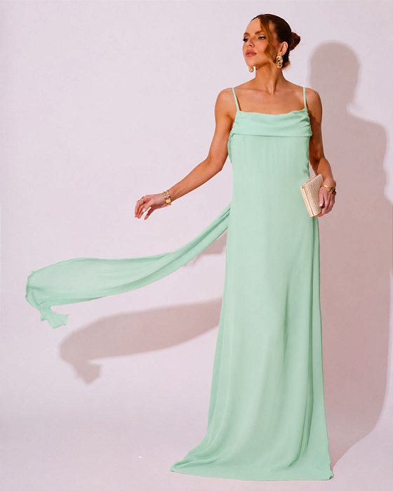 VESTIDO LONGO CREPE DE SEDA DE ALCINHA COM DETALHE DRAPEADO NO BUSTO VERDE MENTA
