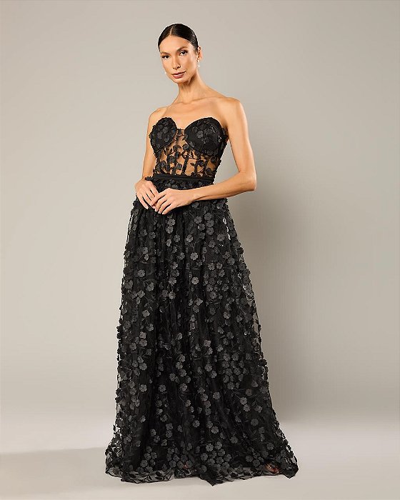 VESTIDO LONGO MICROTULE 3D TOMARA QUE CAIA BUSTO CORSET COMPRIMNETO C/ FLORES PRETO
