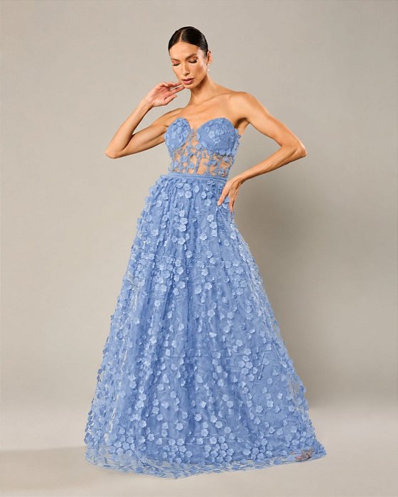 VESTIDO LONGO MICROTULE 3D TOMARA QUE CAIA BUSTO CORSET COMPRIMNETO C/ FLORES AZUL SERENITY