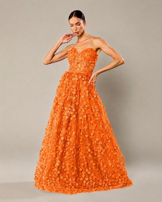 VESTIDO LONGO MICROTULE 3D TOMARA QUE CAIA BUSTO CORSET COMPRIMNETO C/ FLORES LARANJA