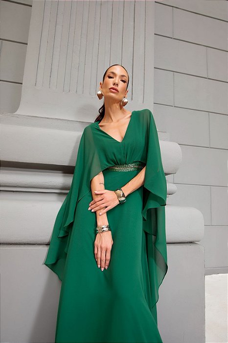 VESTIDO LONGO CHIFFON MANGA CAPA BORDADO NA CINTURA VERDE ESMERALDA