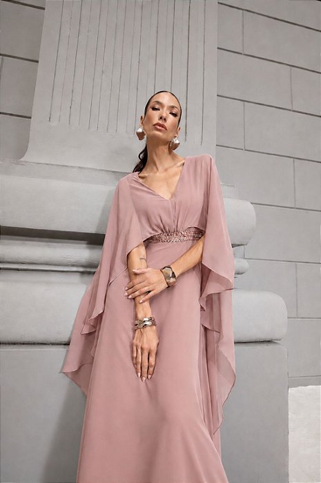 VESTIDO LONGO CHIFFON MANGA CAPA BORDADO NA CINTURA ROSÊ