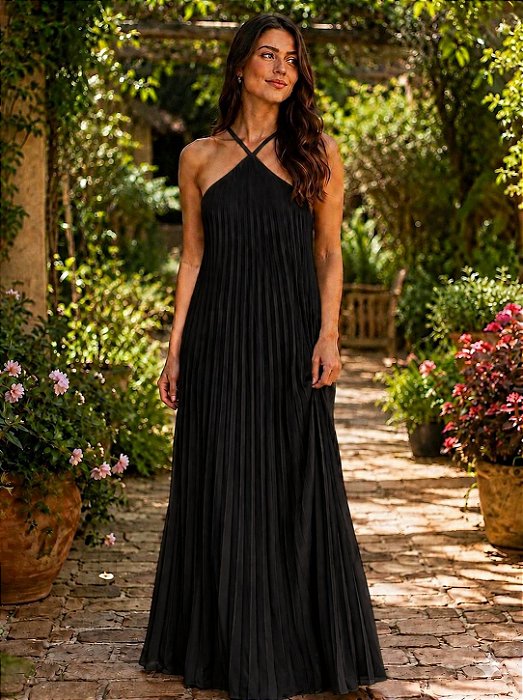 VESTIDO LONGO CHIFON PLISSADO GOLA ALTA DECOTE COSTA PRETO