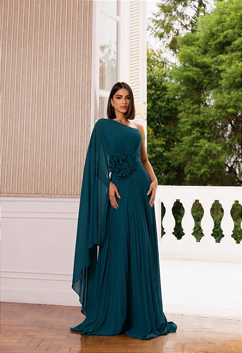 VESTIDO LONGO CHIFFON ALÇA FINA UM OMBRO SÓ C/ CAPA E FLOR REMOVÍVEL SAIA PLISSADA VERDE PETRÓLEO