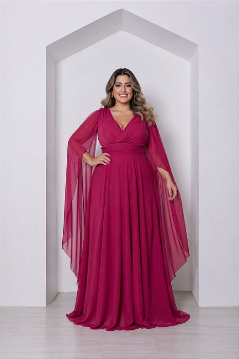 VESTIDO LONGO MICROTULE MANGA CAPA DECOTE TRANSPASSADO ACINTURADO FUCSIA