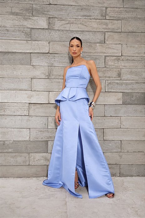 VESTIDO LONGO CETIM BUSTO CORSET DETALHE PEPLUM NA CINTURA FENDA FRENTE AZUL SERENITY