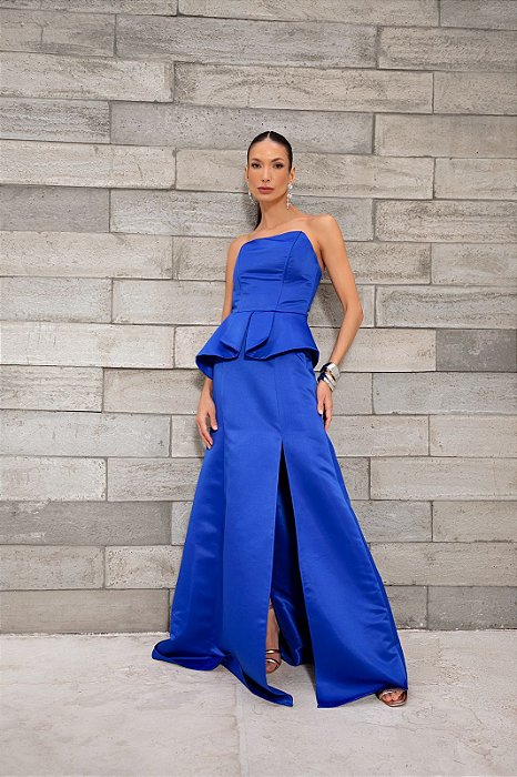 VESTIDO LONGO CETIM BUSTO CORSET DETALHE PEPLUM NA CINTURA FENDA FRENTE AZUL ROYAL