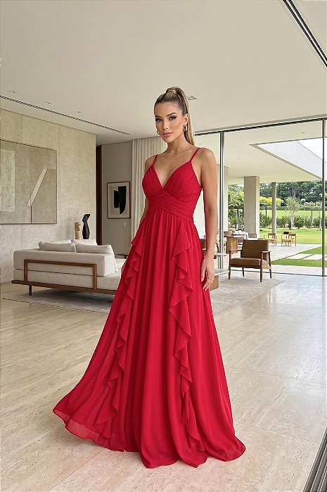 VESTIDO LONGO CHIFFON DECOTE V PALA DRAPEADA DIAGONAL BABADOS VERTICAIS FRENTE VERMELHO