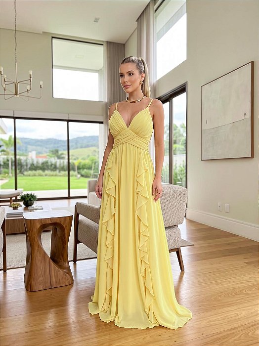 VESTIDO LONGO CHIFFON DECOTE V PALA DRAPEADA DIAGONAL BABADOS VERTICAIS FRENTE AMARELO