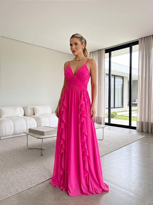 VESTIDO LONGO CHIFFON DECOTE V PALA DRAPEADA DIAGONAL BABADOS VERTICAIS FRENTE PINK
