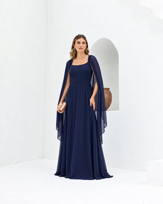 VESTIDO LONGO CHIFFON DECOTE ARREDONDADO MANGA LONGA CAPA AZUL MARINHO