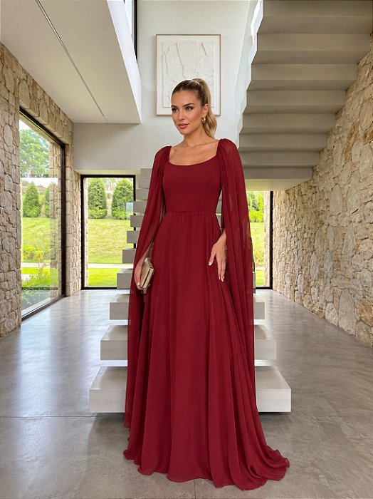 VESTIDO LONGO CHIFFON DECOTE ARREDONDADO MANGA LONGA CAPA MARSALA