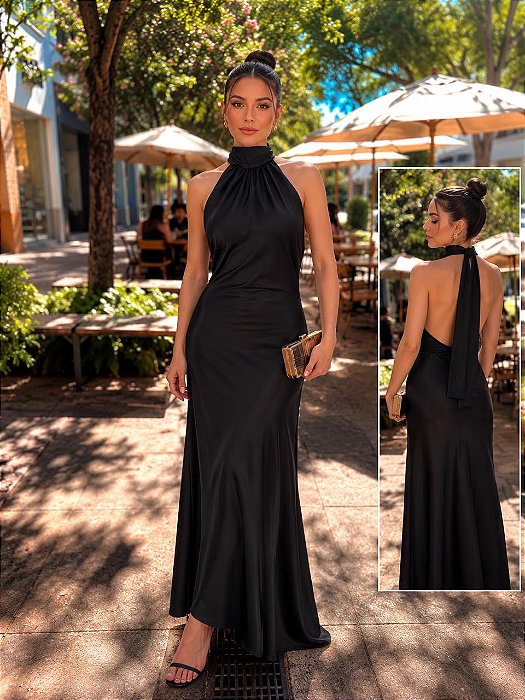 VESTIDO NEW MIDI CETIM GOLA ALTA AMARRAÇÃO FRENTE ÚNICA PRETO