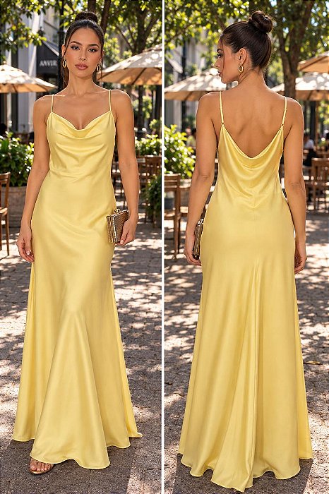 VESTIDO LONGO CETIM ALÇA FINA GOLA BOBA  AMARELO