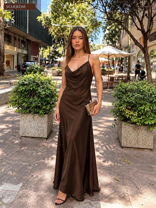 VESTIDO LONGO CETIM ALÇA FINA GOLA BOBA MARROM