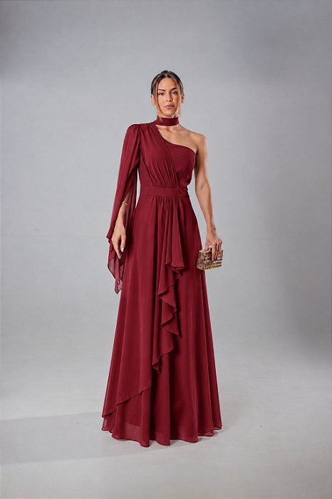 VESTIDO LONGO CHIFFON UM OMBRO SÓ MANGA LONGA CAPA PALA CINTURA DETALHE CASCATA FRENTE MARSALA