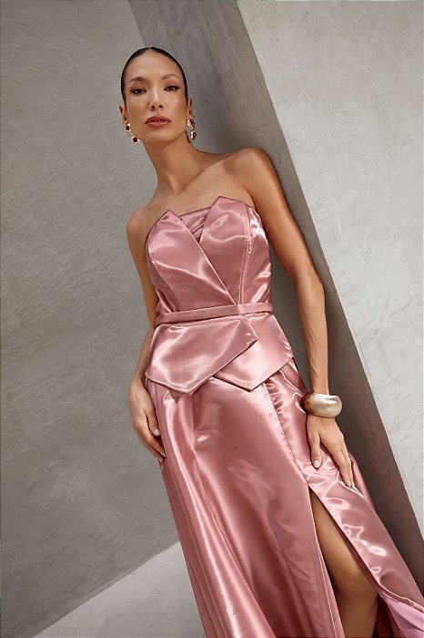 VESTIDO LONGO ZIBELINE GLOSS TOMARA QUE CAIA DETALHE PEPLUM ASSIMETRICO CINTURA FENDA FRENTE ROSÊ