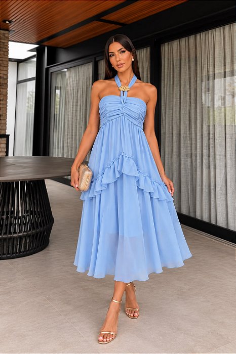 VESTIDO MIDI CREPE DE SEDA BUSTO DRAPEADO TOMARA QUE CAIA C/ AMARRAÇÃO NO PESCOÇO AZUL SERENITY