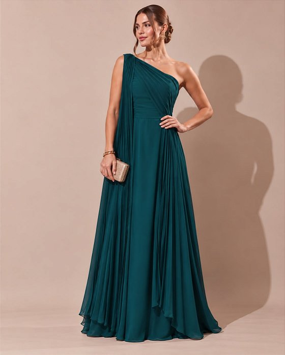 VESTIDO LONGO CHIFFON UM OMRO SÓ MANGA CAPA PLISSADA DETALHE PLISSADO BUSTO E COMPRIMENTO VERDE PETROLEO